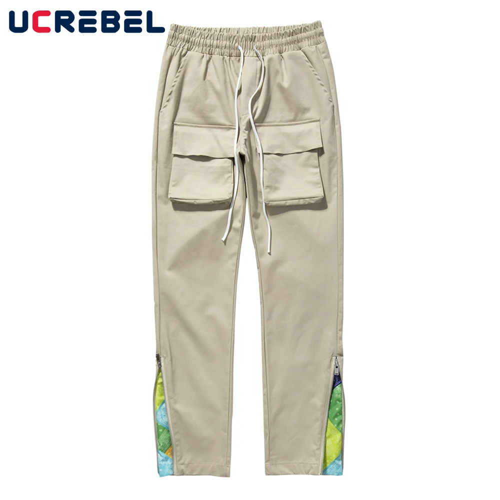 

Cashew Flowers Patchwork Casual Pants Mens High Street Contrast Paneled Straight-leg Pants Elastic Waist Trousers Men