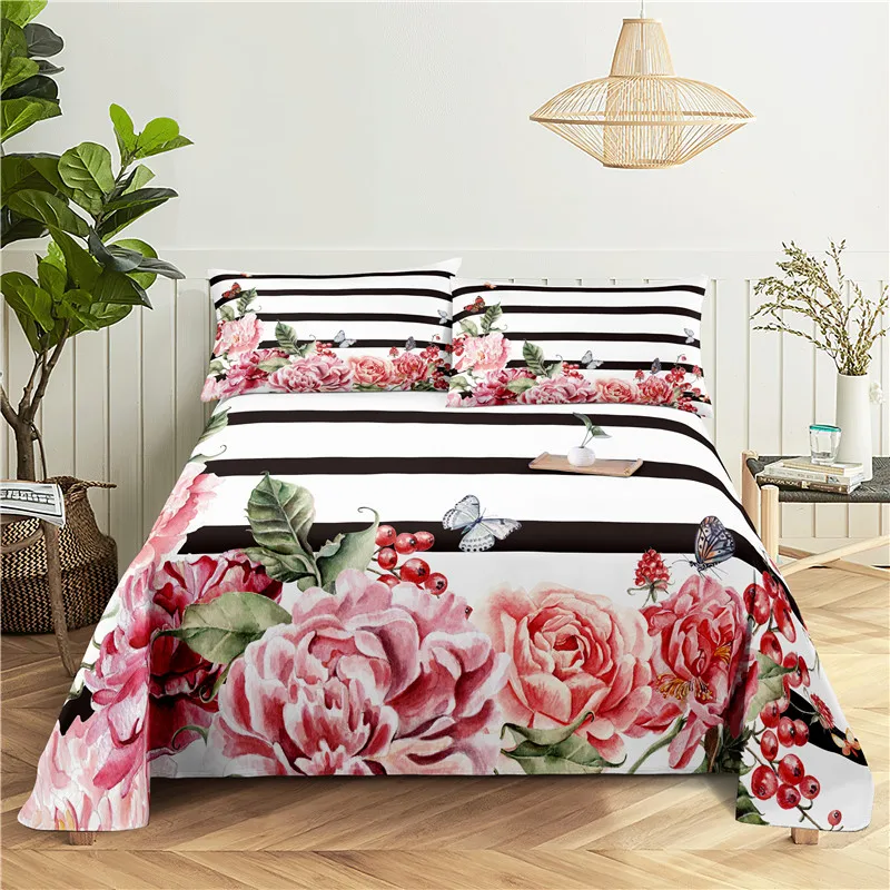

Pretty Flower 0.9/1.2/1.5/1.8/2.0m Digital Printing Polyester Bed Flat Sheet With Pillowcase Print Bedding Set