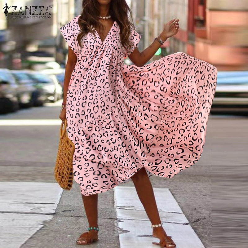 Fashion Tunic Midi Dress Women's Summer Sundress ZANZEA Sexy V Neck Asymmetrical Vestidos Female Plus Size Ruffle Robe