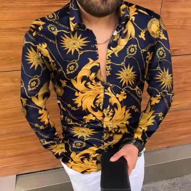 

2021 Fashion Hot Sale European American Men's Clothing Casual Printed Shirt Lapel Single-Breasted Cardigan Long Sleeve Shirt Men