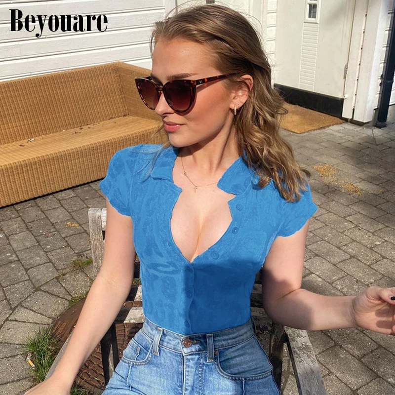 

Beyouare Sexy Skinny Letter Print Women T Shirt Buttons Polo Neck Short Sleeve Slim Cropped Top Summer Casual Party Streetwear
