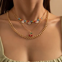 bohemian necklace for women party with cherry pendant retro geometric hollow stitching rice bead necklace jewelry