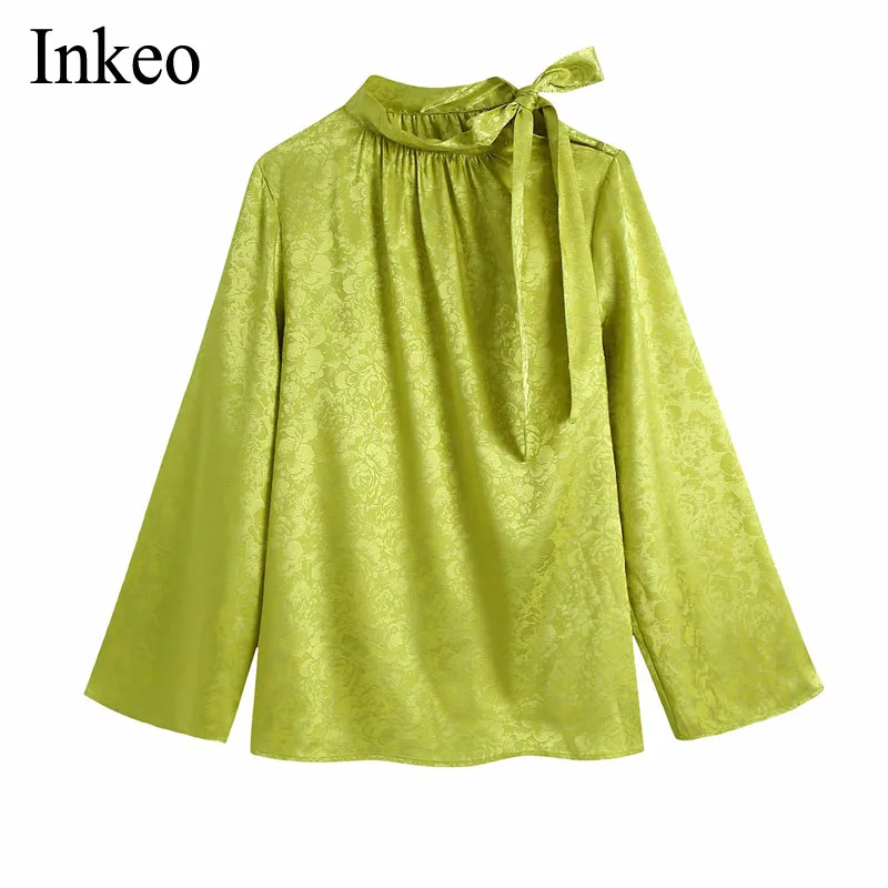 

Fashion Jacquard Bow tie blouse Women 2021 Newest Fluorescent green Stain Loose tops Ladies Flare sleeve shirt Lady INKEO 1T053