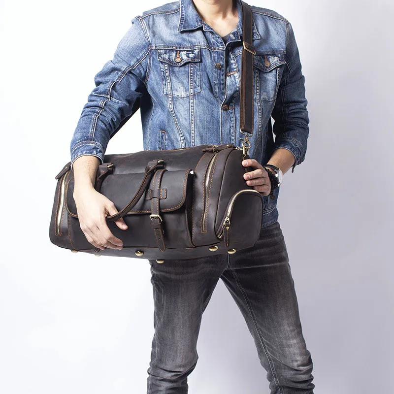 Retro fashion crazy horse cowhide men's handbag daily travel large capacity multi-pocket one-shoulder diagonal travel bag