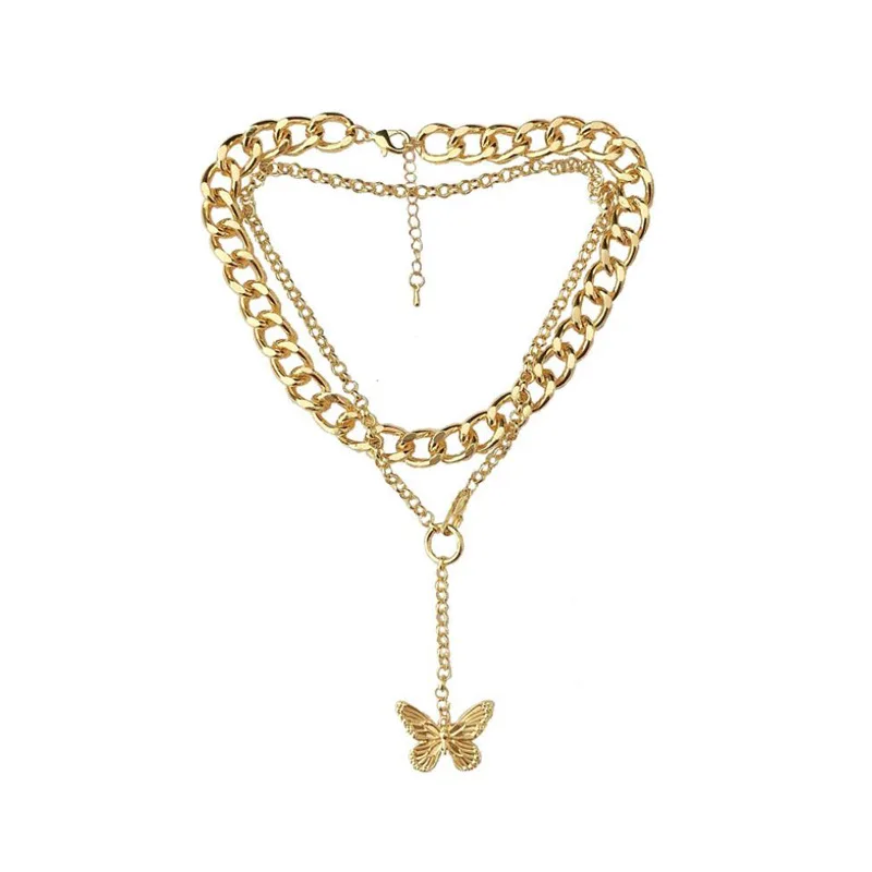 

Fashion Exaggerate Gold Silver Color Chunky Double Chain Chokers Trendy Long Chain Butterfly Pendant Necklaces for women jewelry