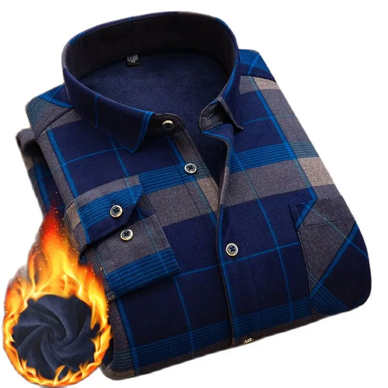 2021 Winter High Quality Plaid Shirt Men Warm Shirt Plus Velvet Thickening Cotton Male Long Sleeve Shirt Man Clothes M-4XL