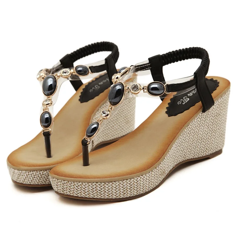 

35-40 Casual Women'S Sandals Dresses 2021 Platform Beach Woman Wedge Shoe Summer Footwear Fashion Rhinestones Female Bead Sandal