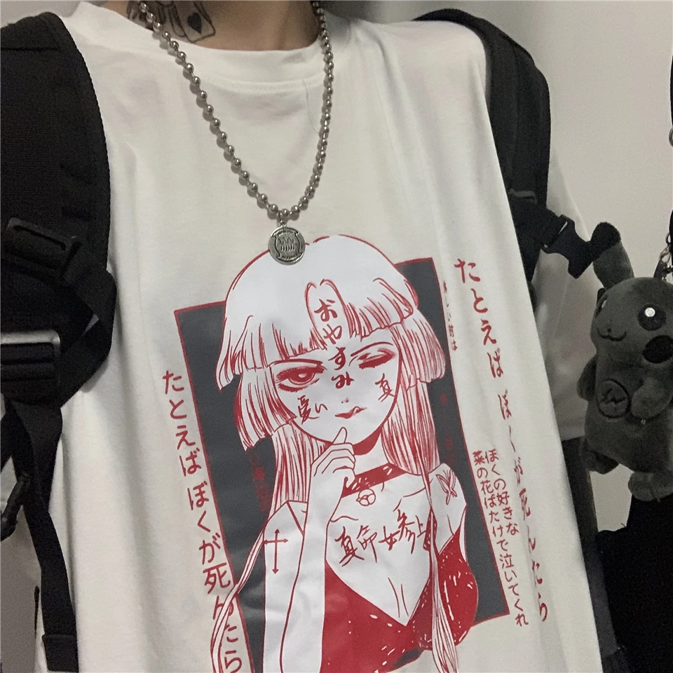

Japanese ins horror fun anime girl printing casual round neck short sleeve T-shirt street personality loose summer new couple