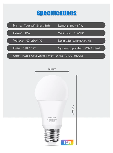 WiFi Smart Home LED Bulb RGB CW E27 LED Lamp Voice Control Color Changes Dimmable Work With Amazon Alexa Google Tuya Smart Life cheap Loginovo CN(Origin) ROHS 2700K~6500K Tuya Wifi Led Bulb 2835 Bedroom AC85-265V 500 - 999 Lumens Globe 50000h 125mm LED Bulbs WiFi Smart Home LED Bulb RGB CW E27 LED Lamp Voice Control Color Changes Dimmable Work With Amazon Alexa Google Tuya Smart Life cheap Loginovo CN(Origin) ROHS 2700K~6500K Tuya Wifi Led Bulb 2835 Bedroom AC85-265V 500 - 999 Lumens Globe 50000h 125mm LED Bulbs