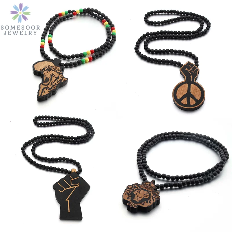 

SOMESOOR Africa Map Wood Beads String Necklace Afro Lion Peace Symbol Power Fist Pendant Hip Hop Jewelry For Men Women Gifts