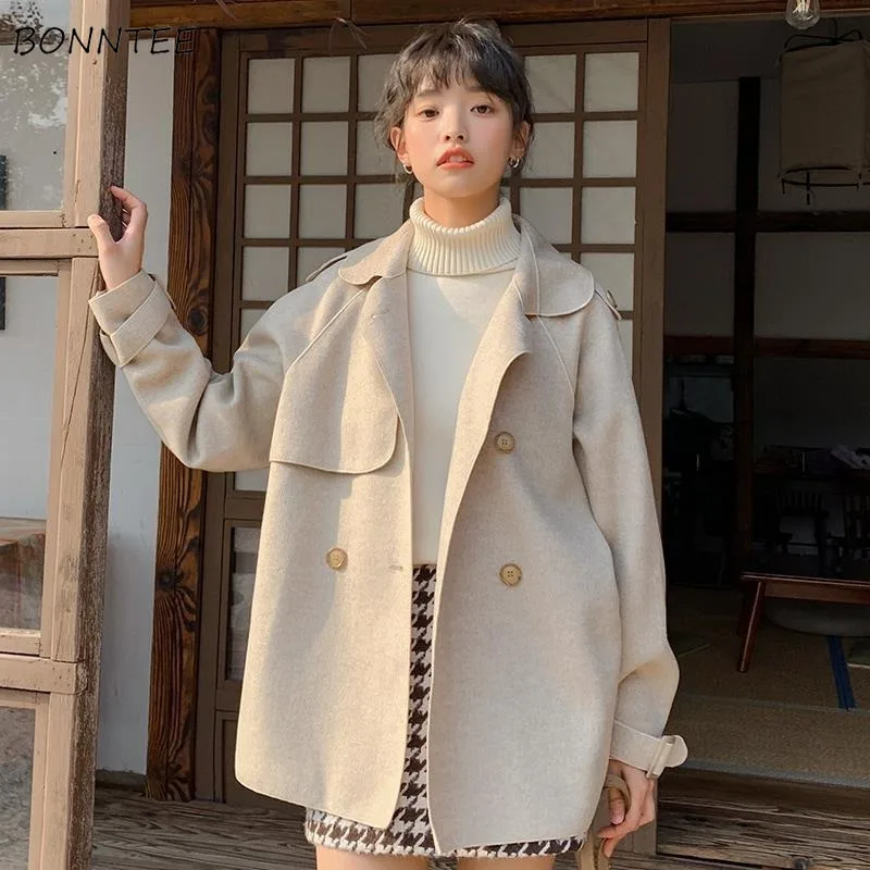 

Women Wool Blends Khaki Sashes Loose Simple Elegant Sweet All-match Students Ins Korean Trendy Office Winter Female Coat Outwear