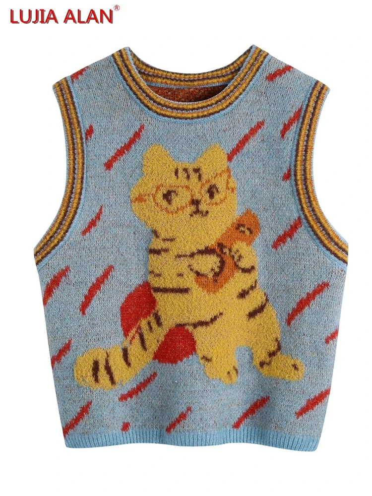 

LUJIA ALAN Women Animal Pattern Jacquard Knitted Sweater Vest Female Pullover Casual Lady Short Tops SW1581