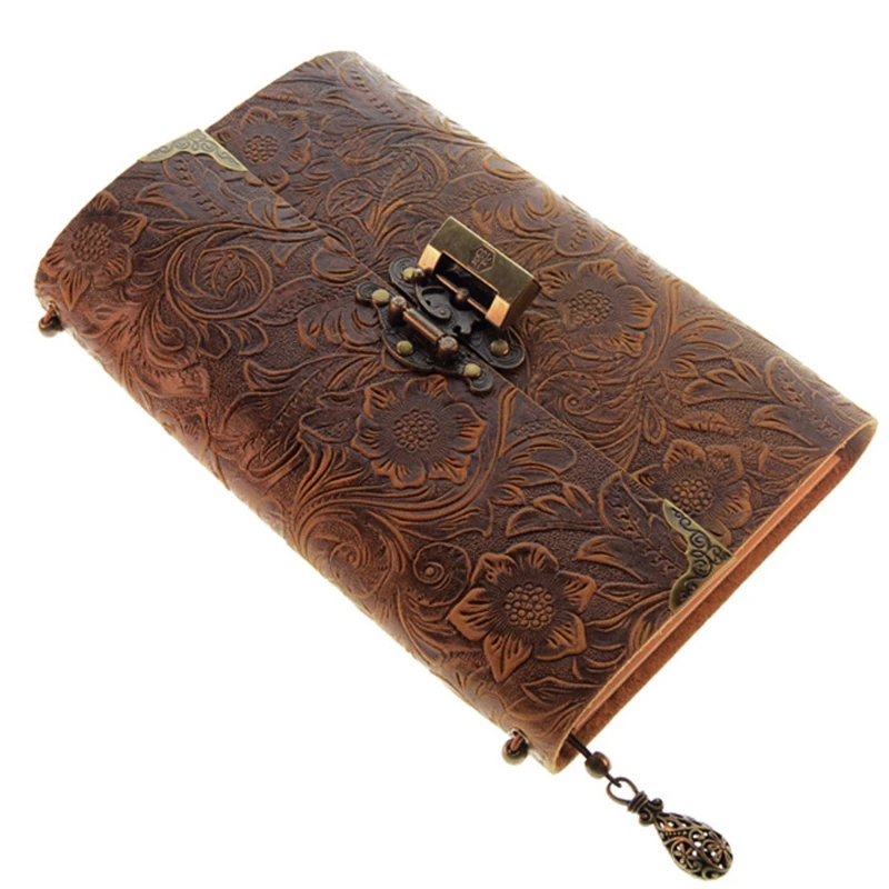 Коричневый блокнот из мягкой кожи с тиснением для путешествий замком и ключом