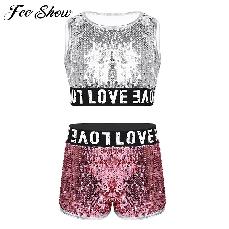 Детский комплект из топа без рукавов с блестящими блестками и шорт для