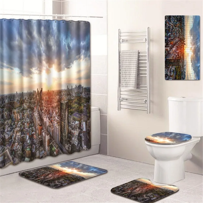 

Shower Curtain Bathroom Mat Toilet Cover Mat Absorbent Non-Slip Home Mat Kitchen Pad Five-Piece Carpet