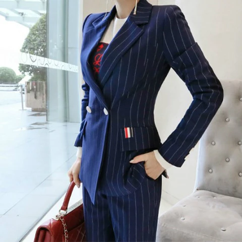 Женский офисный костюм из двух предметов, синий костюм в полоску и облегающие брюки с цветочным принтом, деловой офисный комплект из двух предметов, 2020