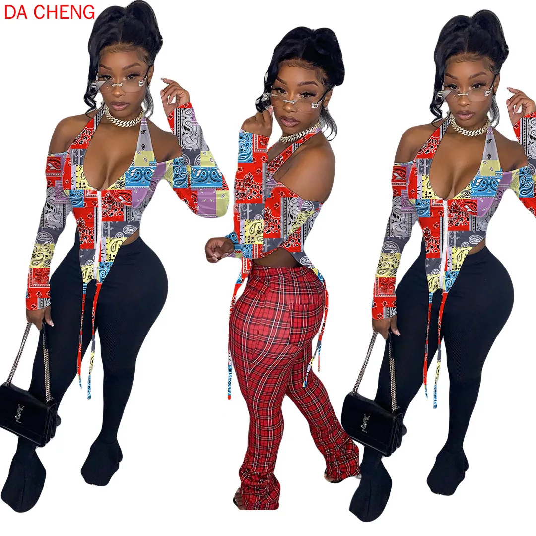 

European and American Women's New Style V-neck Halter Sexy Printing Long-sleeved T-shirt Top