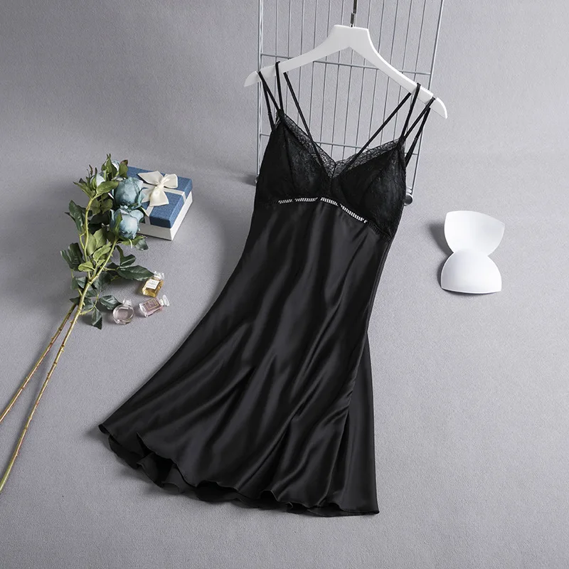 

Women Sexy Suspenders V-neck nightgown New Lace Solid Color Lady With chest pad lace Beauty Back sleepwear SJ004