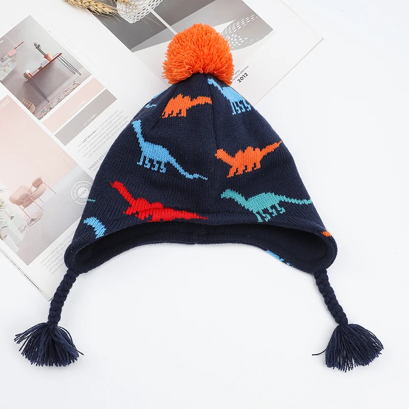 Детская шапка шарф зимняя ушанка для мальчиков шапочка с динозавром акриловый