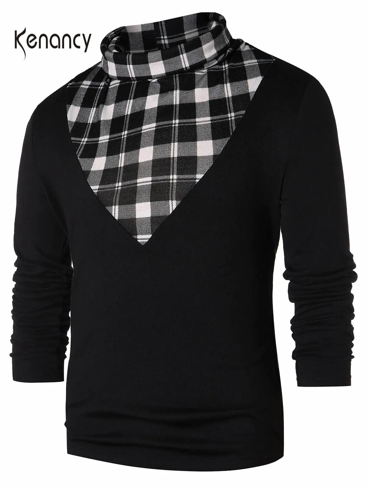 Hemiks Men Plaid Shirts Checked Panel Turtle Neck Shirt 2019 Spring Casual Male Tops Long Sleeve Patchwork Tees | Мужская одежда