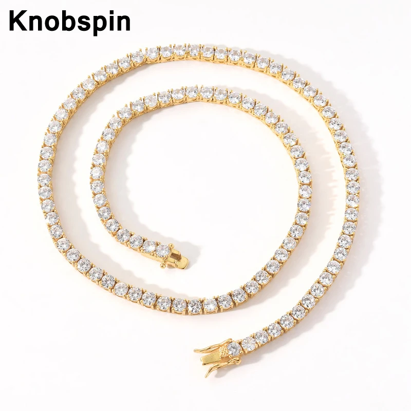 

Knobspin Men 3/4/5mm 18K Plated Bracelets Necklaces Gold/Rose Gold/Silver Copper Tennis Chain Full 5A Zircons Diaomonds Hip Hop
