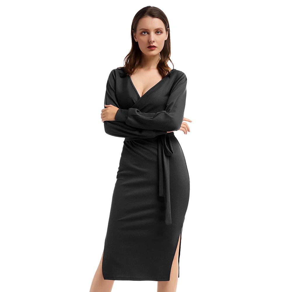 Bikitique однотонное с глубоким v-образным вырезом длинным рукавом Трикотажное