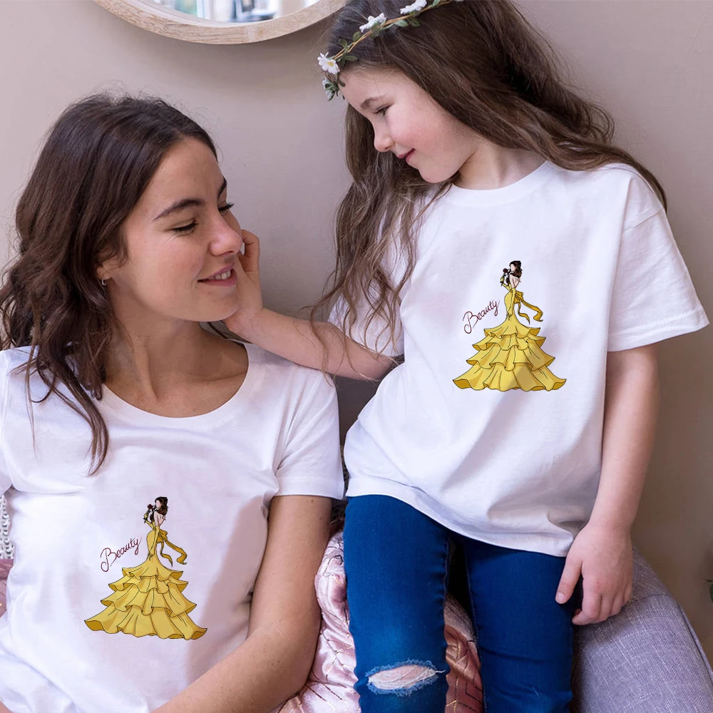 

Mother and Daughter T-Shirt Disney Princess Belle Beauty and Beast Print Kids T Shirt Girl Tshirt Harajuku Casual Famliy Look