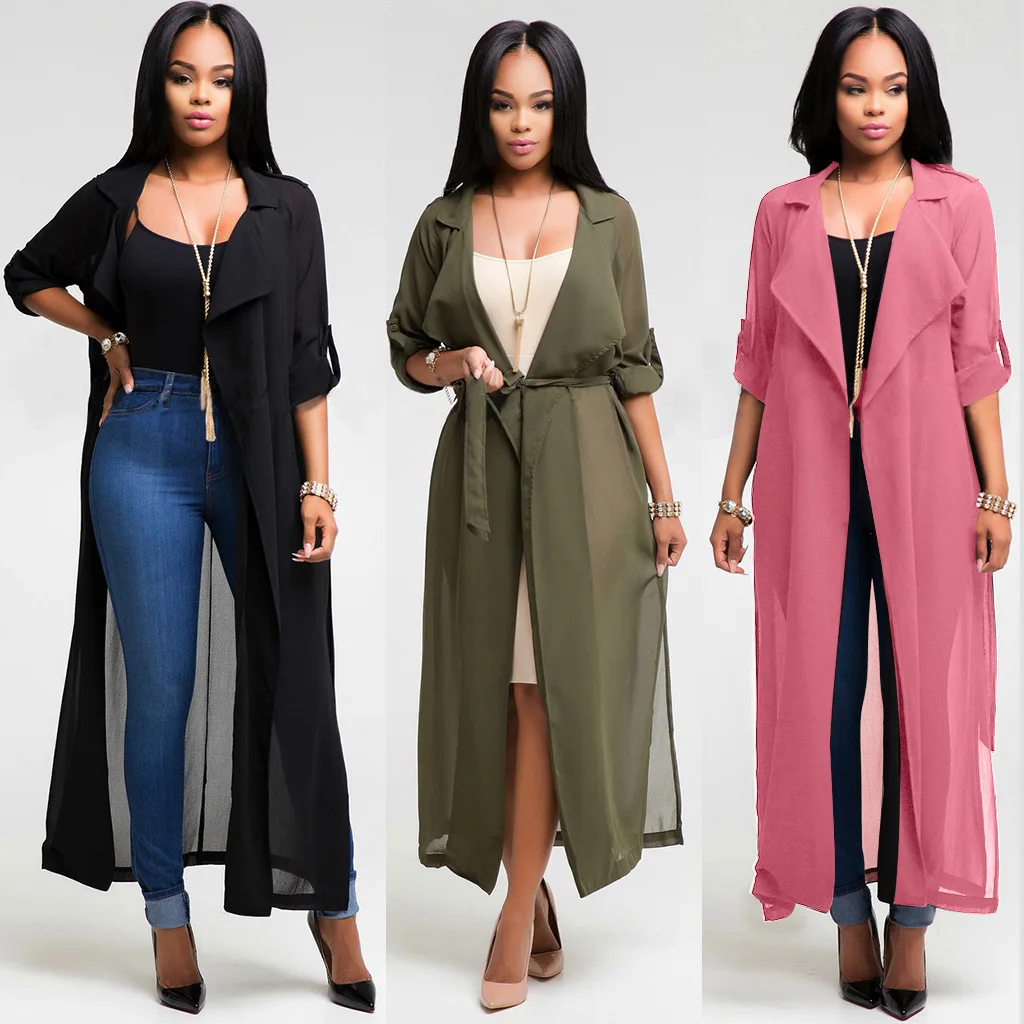 

Kalenmos Fashion Korean Trench Coat Women Sexy Deep V Lapel Long Sleeve Cardigan Chiffon Shirt OL Belt All-match Jackets