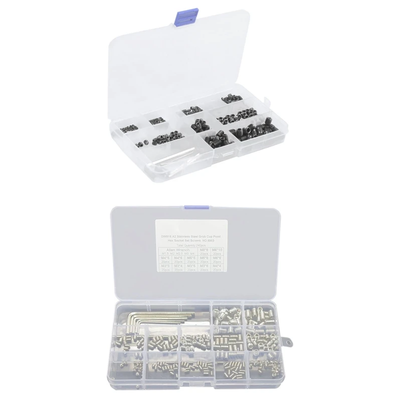 

300Pcs M3 M4 M5 M6 M8 Hex Head Socket Hex Grub Screw Set & 240Pcs Grub Screw Cup Point Hex Head Socket Set