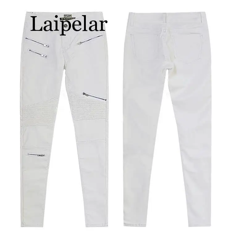 

Laipelar New Sexy White PU Leather Coated Denim Pants Women Multi Zipper Cool Jeans Hot Tight Pants Trousers Female