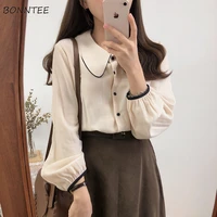 blouses women leisure spring clothes ulzzang aesthetic ins charm patchwork peter pan collar all match chic design kawaii popular