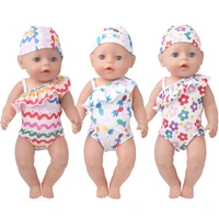 43 cm baby dolls swimwear print halter one piece swimsuit and cap baby toys skirt fit american 18 inch girls doll f889