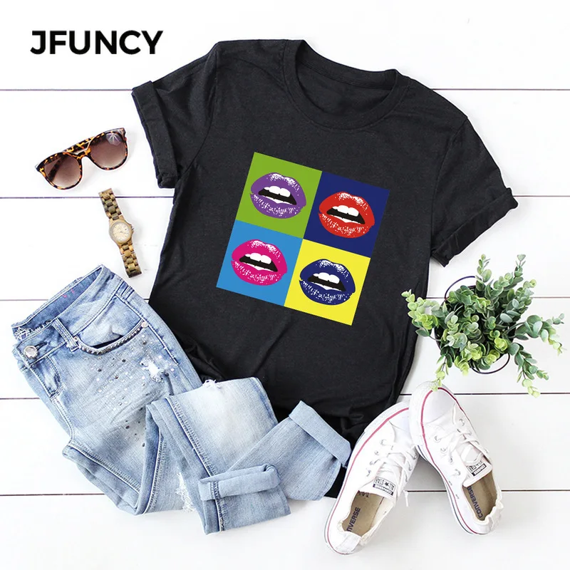 JFUNCY сексуальная летняя женская футболка с принтом губ коротким рукавом Harajuku