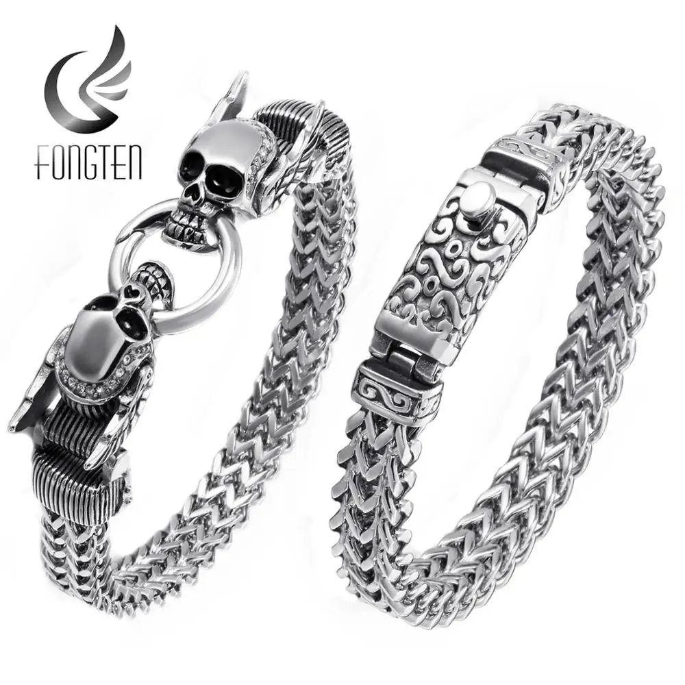 

Fongten Retro Skull Punk Bracelet Men Stainless Steel Charm Sliver Bracelet Friendship Bracelets Wide Bangle Mens Jewellery