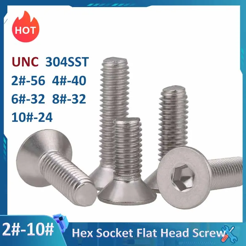 

UNC 304 Stainless Steel Countersunk Flat Head Hex Socket Screws American Standard Allen Bolts 2#-56 4#-40 6#-32 8#-32 10#-24