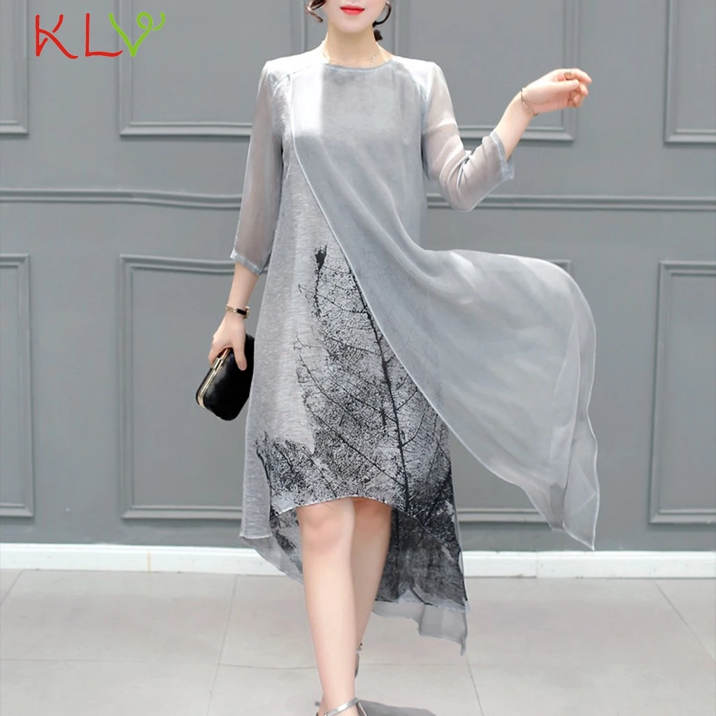 Женское шелковое платье с принтом повседневное свободное миди размера плюс