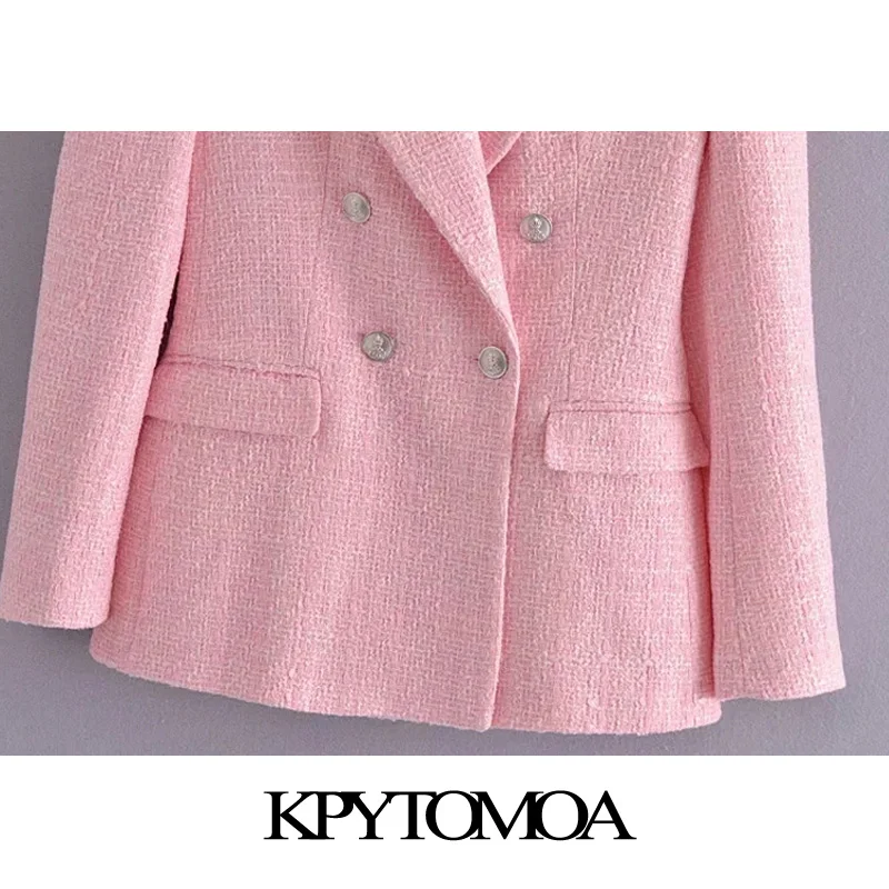 

KPYTOMOA Women 2021 Fashion Double Breasted Tweed Check Blazer Coat Vintage Long Sleeve Pockets Female Outerwear Chic Veste