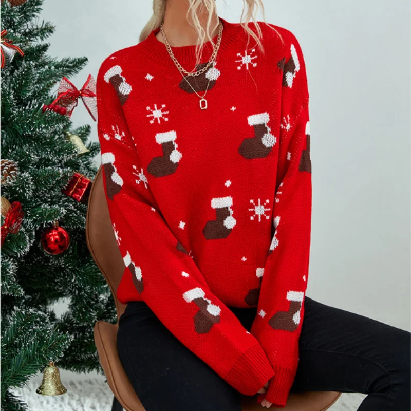 

Women Red Christmas Cartoon Plus Size Cute Knitted Long Sleeve Pullover Sweater Fall Winter Fashion Lazy Kawaii Harajuku Jumpers