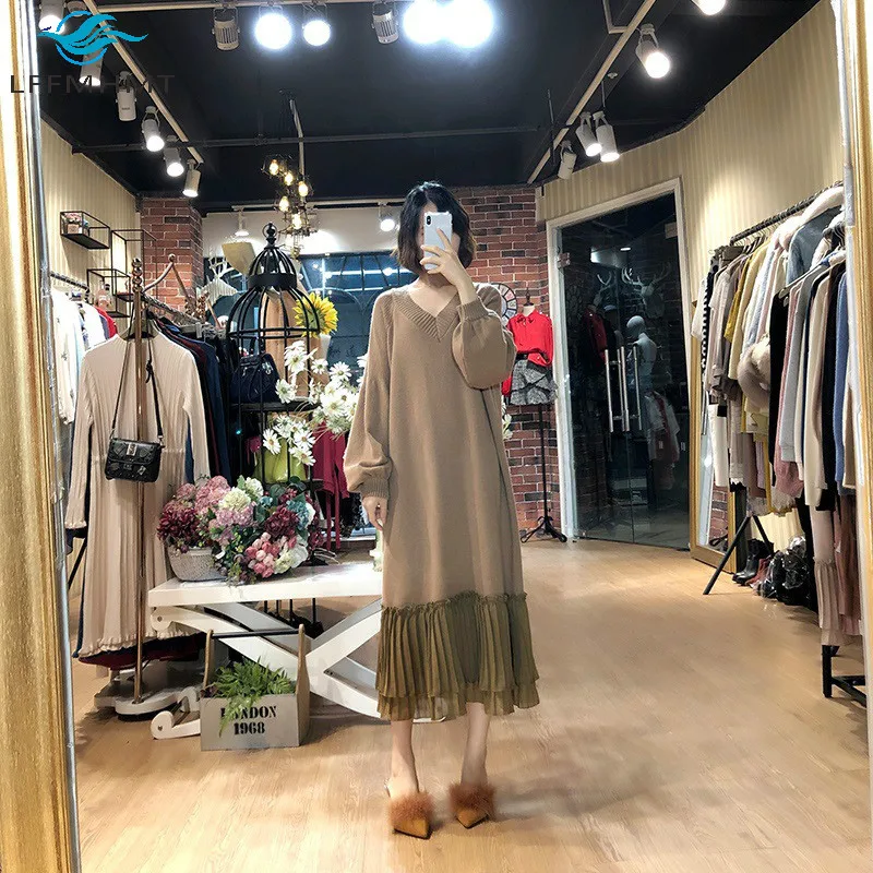 

Women Winter Fashion High Quality Solid Color V-neck Knitting Dress Office Lady Large Size Loose Casual Chiffon Patchwork Dress