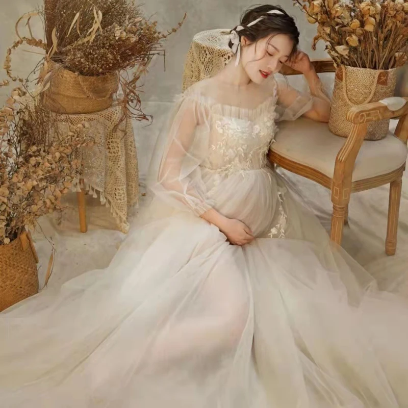 Mesh Photography Props  Studio Photo Prop Maternity Dresses for Photo Shoots Pregnancy Pregnant Mesh Perspective Korean Dress