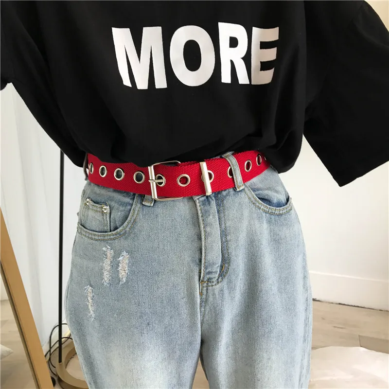 Red Длинные личности Harajuku кольцо в стиле casual черного цвета с металлическим ремнем и студентов из парусиновой джинсовой ткани талии Ремни прилив серебряной пряжкой - Цвет: Red