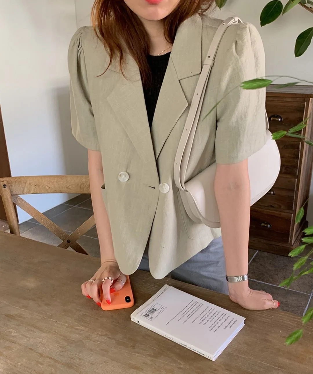 

Korean Ins Simple Design Puff Sleeve Cotton Linen Temperament Youthful-Looking Versatile Suit Coat Women's Short Sleeve Suit