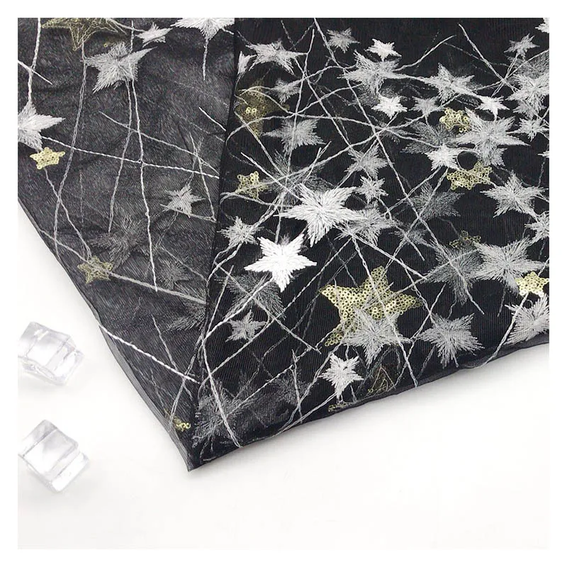 

1meter/lot 135cm black mesh yarn star sequin embroidery lace Fabric diy Nigerian party Dress skirt Material