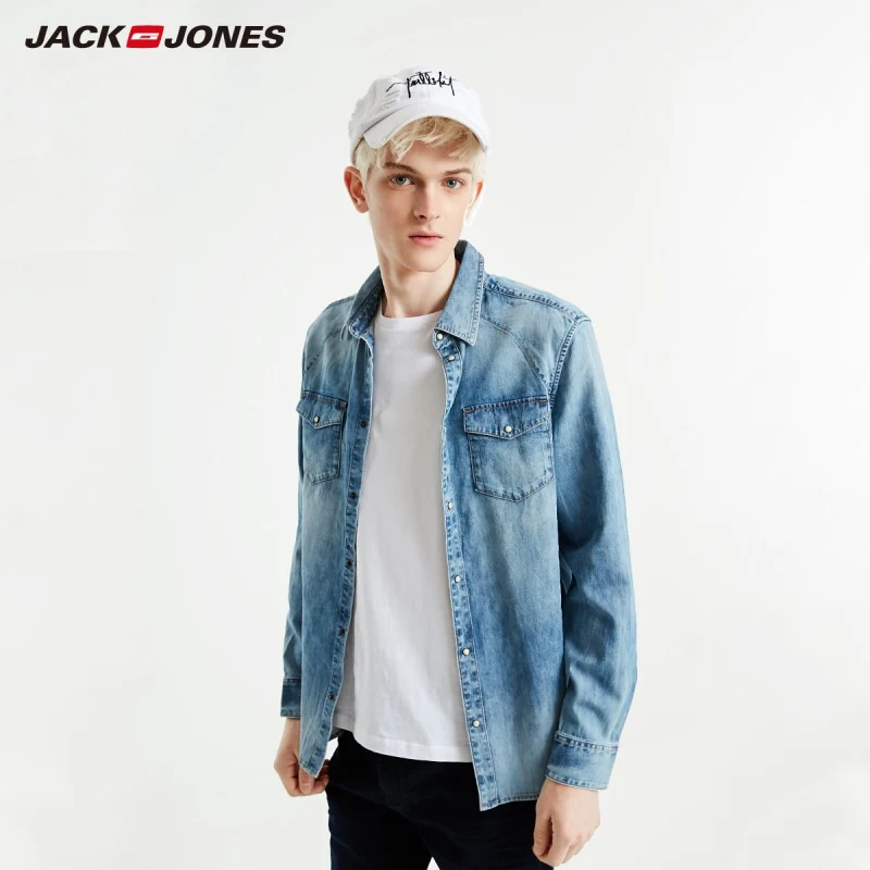 Мужская джинсовая рубашка JackJones приталенная Базовая с длинными рукавами 219105523 |