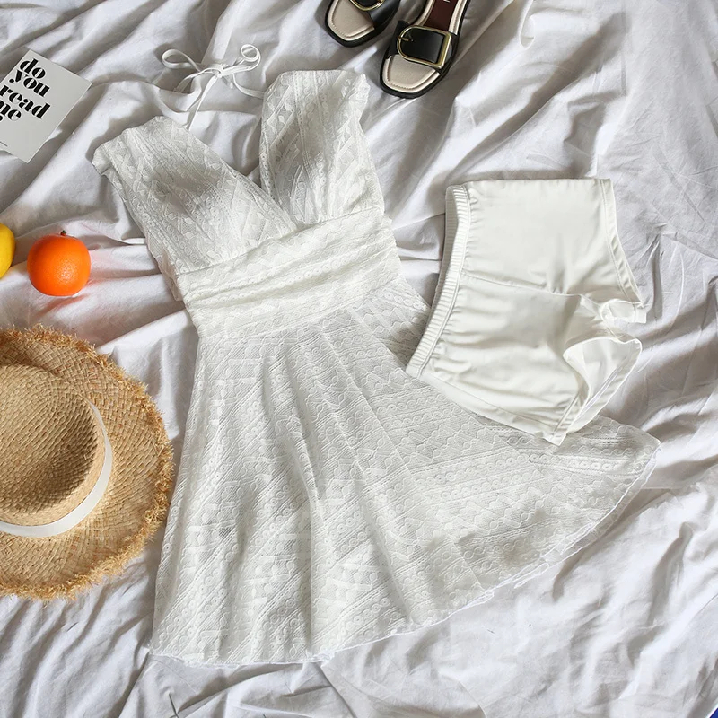 Push Up Swimming Suit for Women 2020 Newest V Neck Separate Bottom Modest Swimdress Bathing Suits Ladies Lace Swimsuit Swimwear |