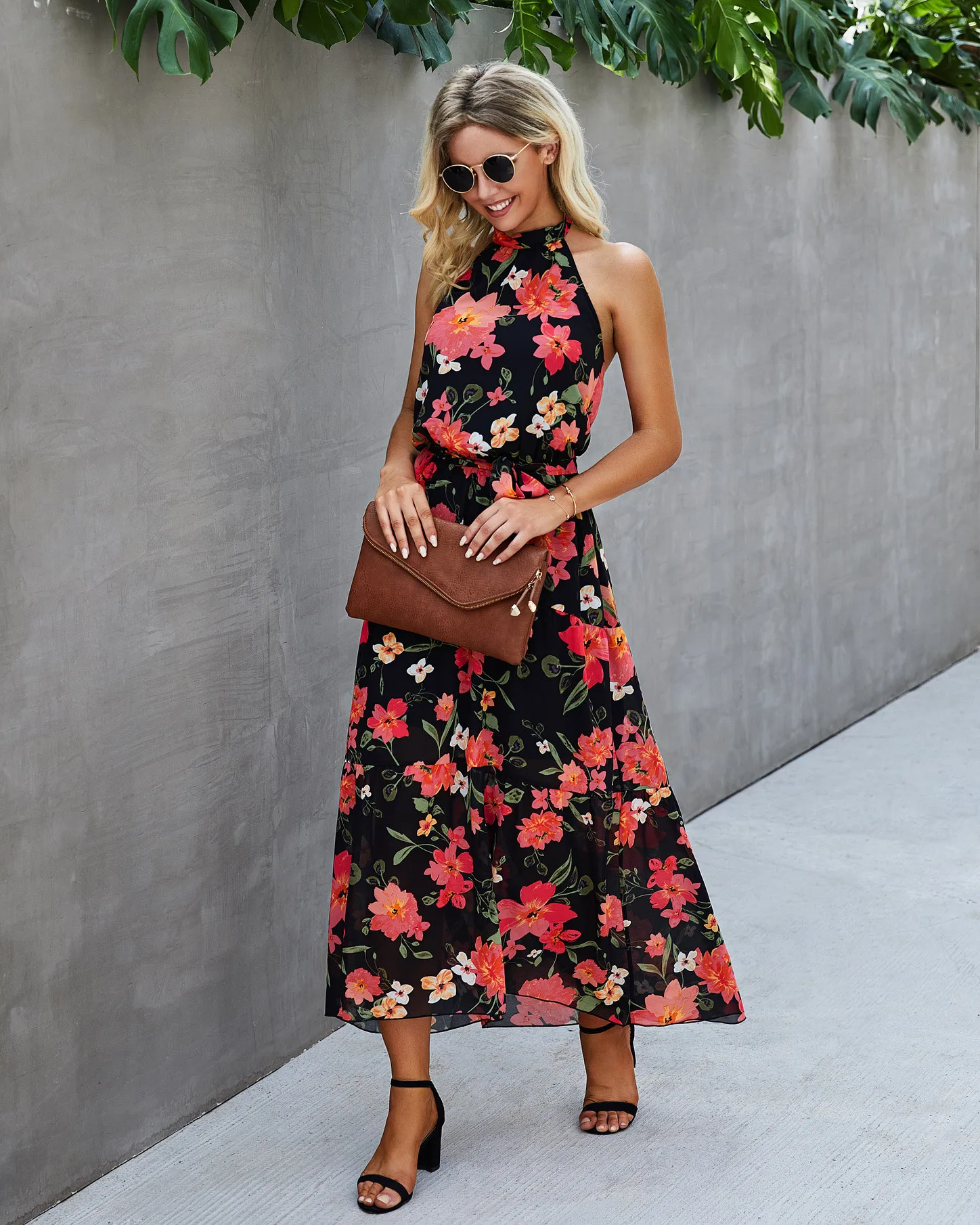 

Donsignet Women's Dress New Fashion Print Halter Neck Strap Women Dress Sleeveless Ankle-Length Dress for Women Women Clothes