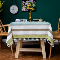 nordic tassels christmas tablecloths green blue stripes thicken cotton linen dustproof lace table cloth decorations for home