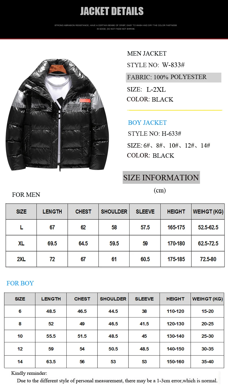 

Boy Black Coat Child Jacket Children Clothing Kids Size 6-14Y Adults Size L-3xl Thermal Winter Family Parka Windbreak outwear