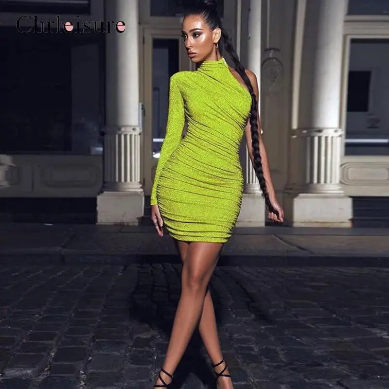Женское блестящее мини-платье-чокер с открытыми плечами и рукавами креативные