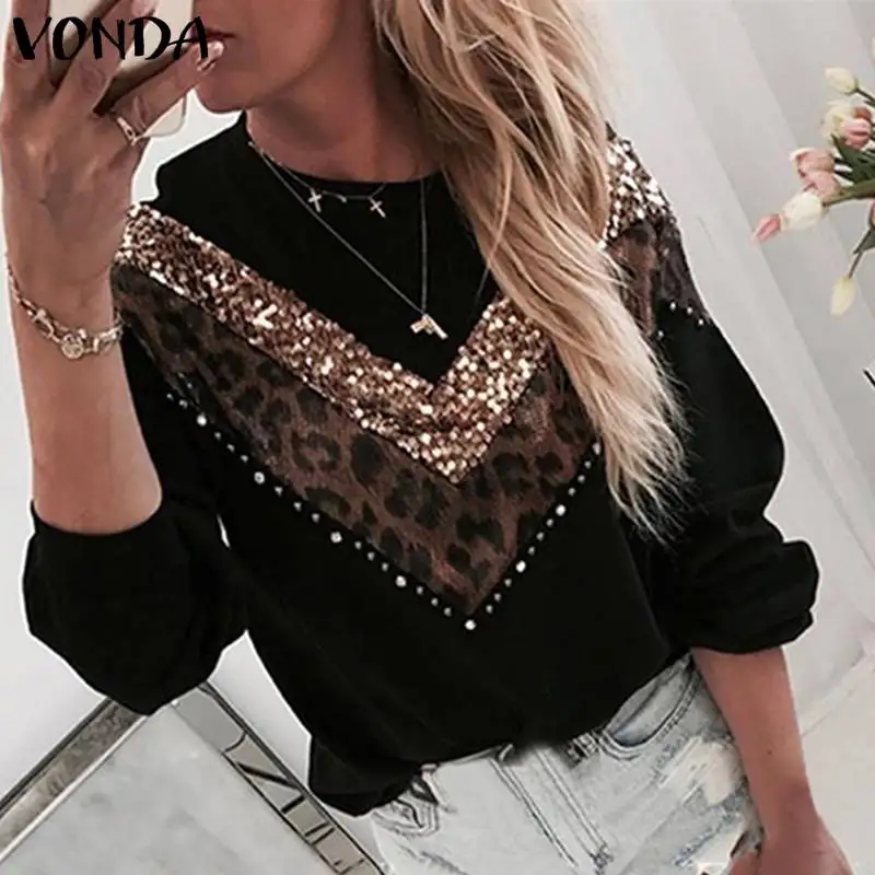 VONDA Vintage Sweaters Women Leopard Patchwork Blouses Casual Knitwear Long Sleeve Round Neck Knitted Sweater Oversized Tops | Женская